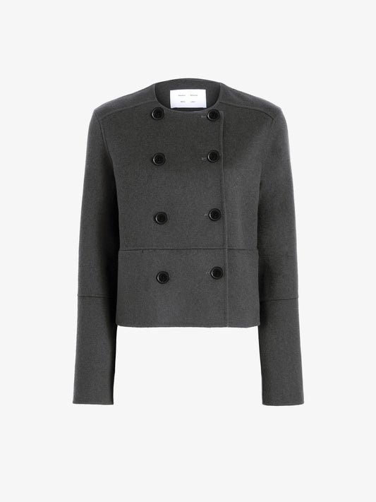 A dark gray cropped double-breasted jacket with black buttons, displayed on a clean white background.