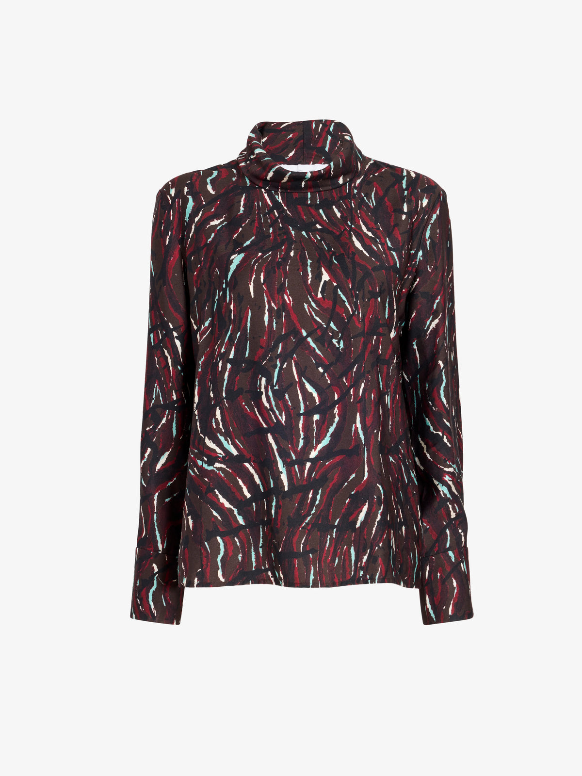 A long-sleeve mock neck blouse with an abstract brushstroke pattern in red, black, and white, shown against a plain light gray background.