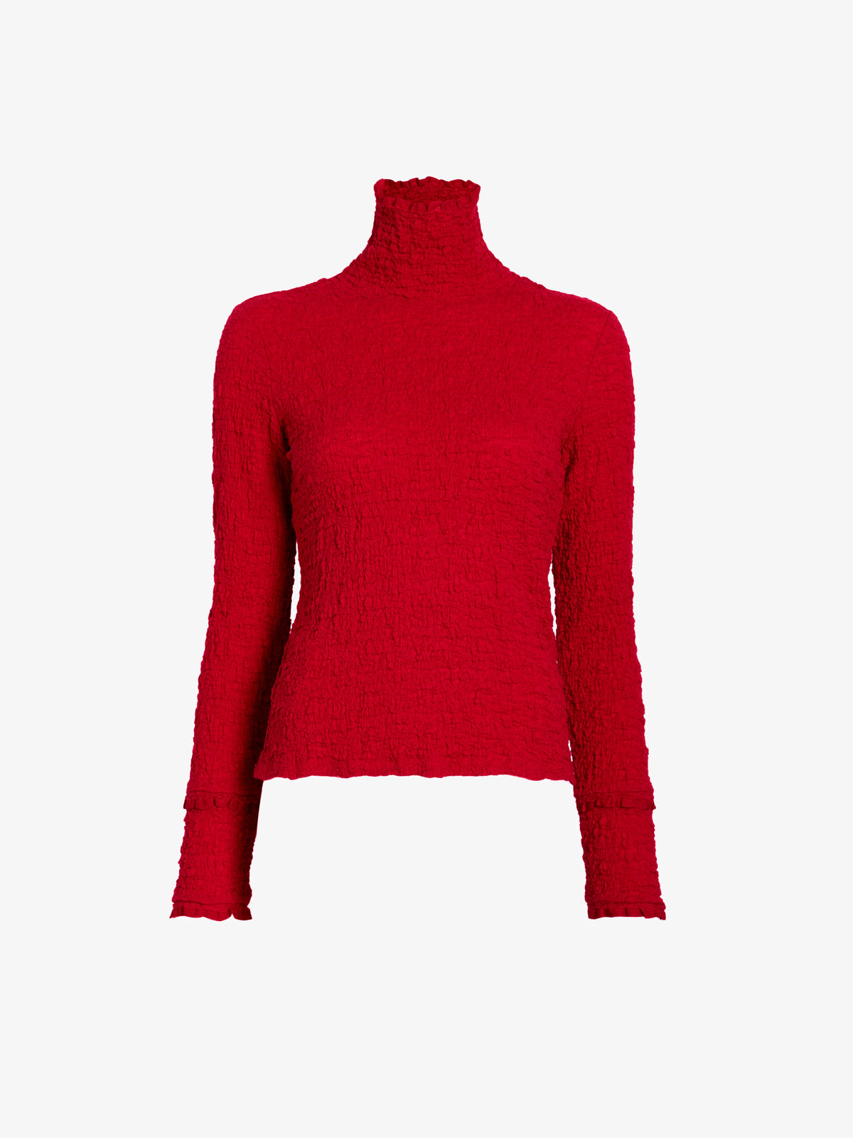 A bright red textured knit turtleneck sweater displayed on a ghost mannequin against a plain white background.
