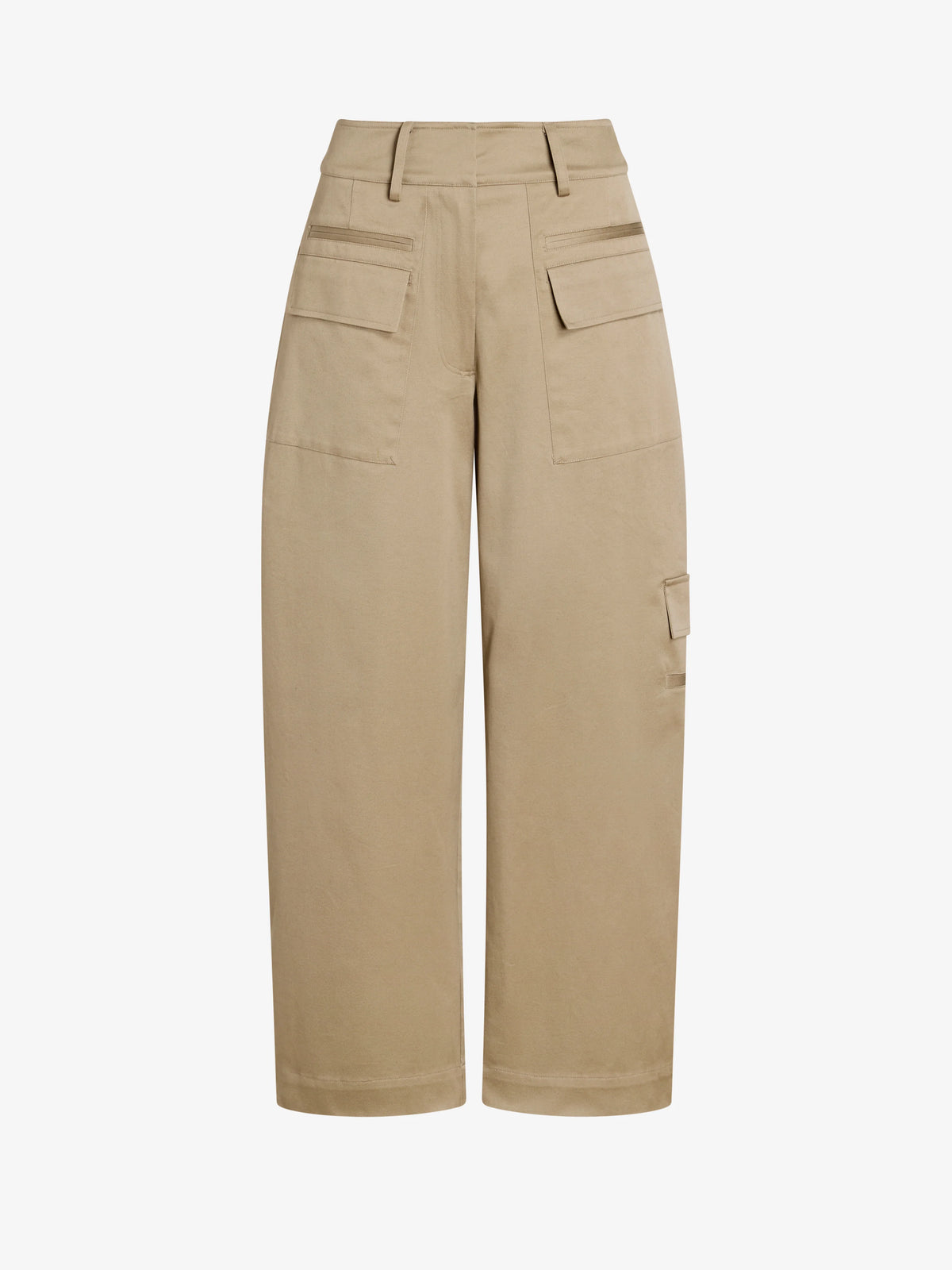 A pair of high-waisted, straight-leg cargo pants in a light tan or khaki color, featuring flap pockets on the upper thighs and a side cargo pocket on the lower leg, shown against a plain white background.