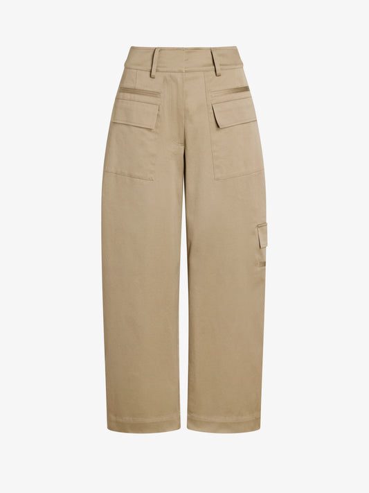 A pair of high-waisted, straight-leg cargo pants in a light tan or khaki color, featuring flap pockets on the upper thighs and a side cargo pocket on the lower leg, shown against a plain white background.