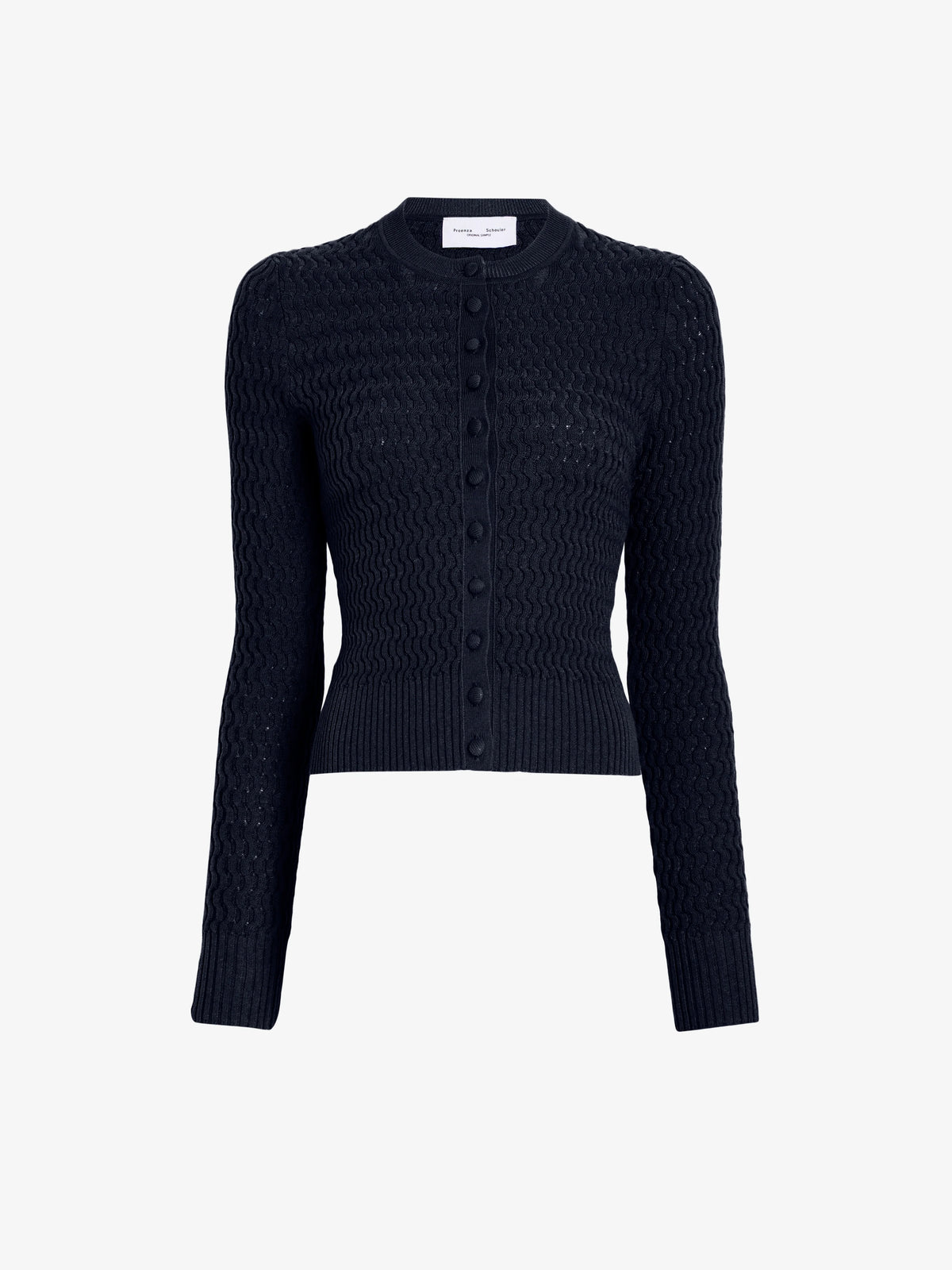 A dark navy blue cable-knit cropped cardigan sweater with a button-up front, displayed on a clean white background.