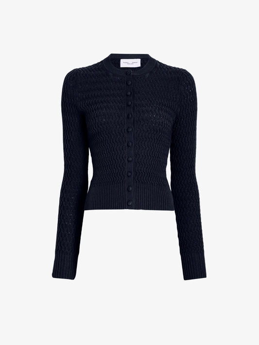 A dark navy blue cable-knit cropped cardigan sweater with a button-up front, displayed on a clean white background.