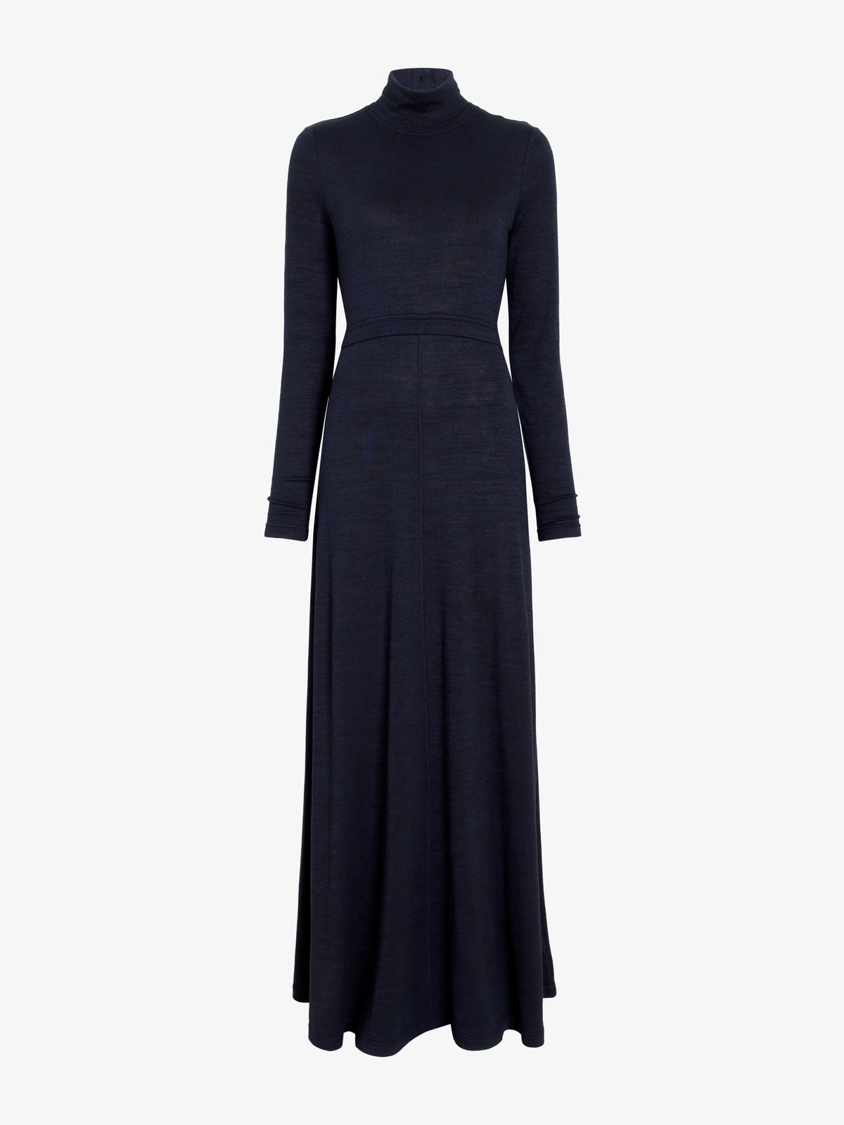 A dark navy blue long-sleeve turtleneck maxi dress displayed on a headless mannequin against a plain white background.