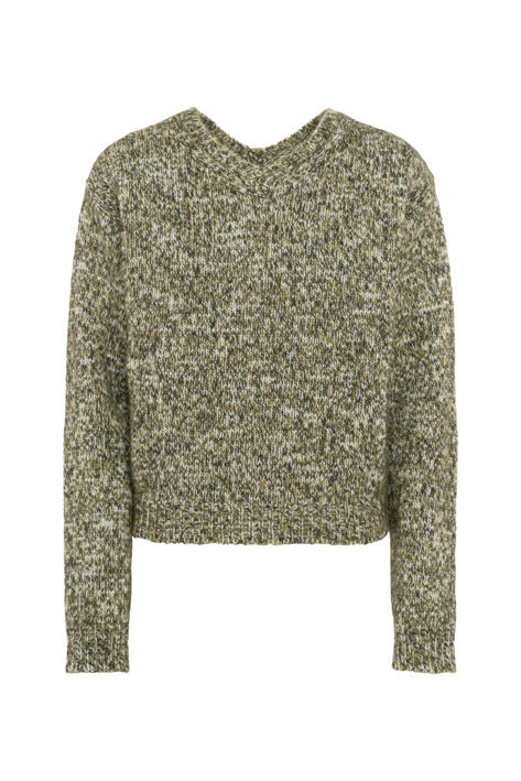 A cropped, long-sleeve knit sweater with a textured, heathered pattern in olive green, beige, and brown tones, displayed against a plain white background.