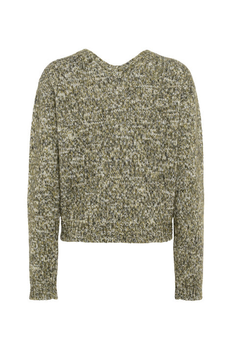 A cropped, long-sleeve knit sweater with a textured, heathered pattern in olive green, beige, and brown tones, shown against a plain white background.