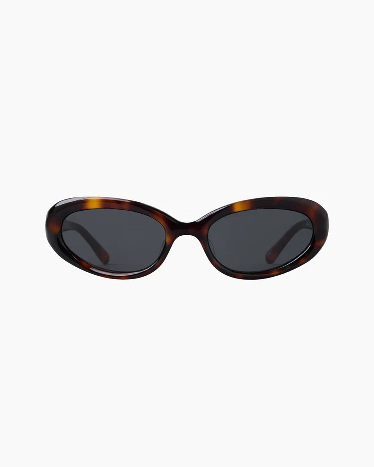 Sunglasses with tortoiseshell frame and dark lenses on a white background