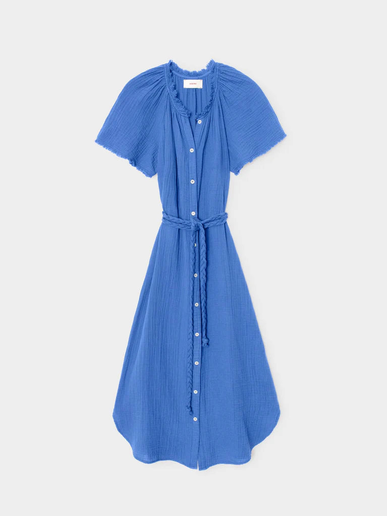Blue dress with a belt on a white background